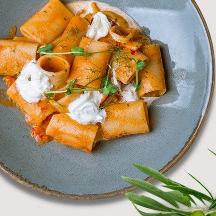 Paccheri lisci aus Ur-Getreidesorten, serviert auf einem grauen Teller, garniert mit Sahnesoße und Kräutern, 500g Portion.