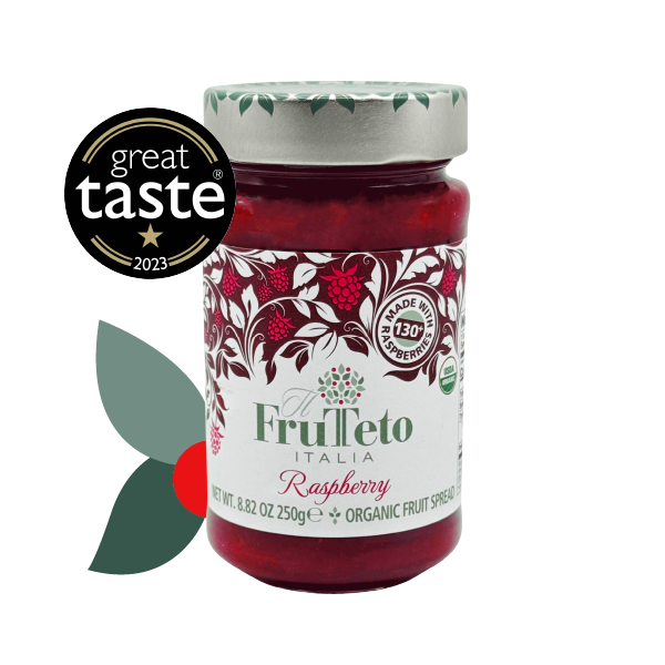 Bio-Fruchtaufstrich Erdbeere Glas mit Frutteto Italia Etikett, rote Fruchtgrafiken, Great Taste 2024 Auszeichnung abgebildet.