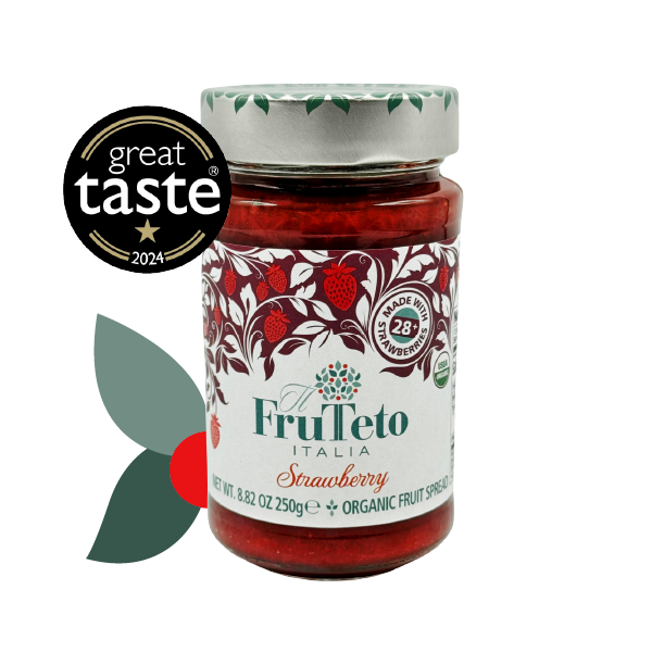 Bio-Fruchtaufstrich Erdbeere Glas mit Frutteto Italia Etikett, rote Fruchtgrafiken, Great Taste 2024 Auszeichnung abgebildet.