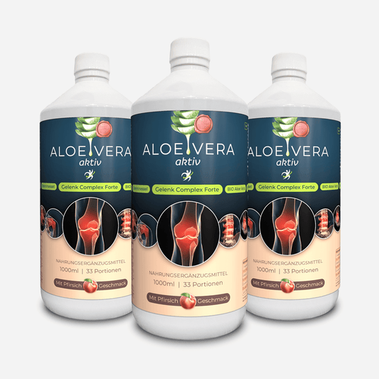 Aloe Vera aktiv Direktsaft, 3 x 1000ml Flaschen, mit Pfirsichgeschmack, Nahrungsergänzungsetikett, Schwerpunkt Gelenkgesundheit.