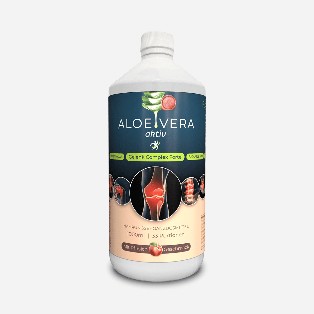 Flasche mit Aloe-Vera-Getränk, 1000ml, Gelenk-Komplex Forte, zur Gelenkgesundheit, enthält BIO Aloe Vera, Pfirsichgeschmack.