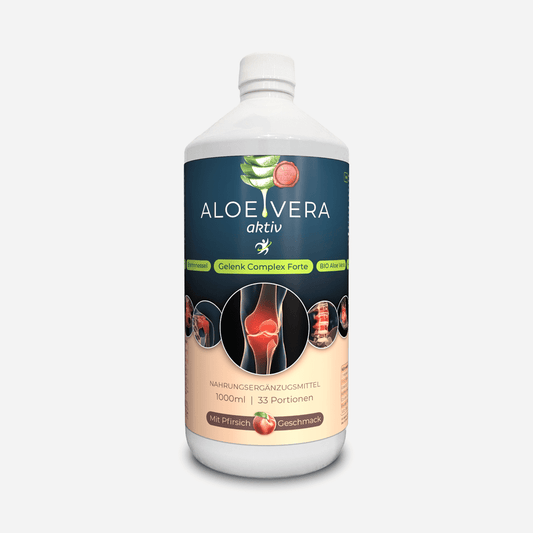 Flasche mit Aloe-Vera-Getränk, 1000ml, Gelenk-Komplex Forte, zur Gelenkgesundheit, enthält BIO Aloe Vera, Pfirsichgeschmack.