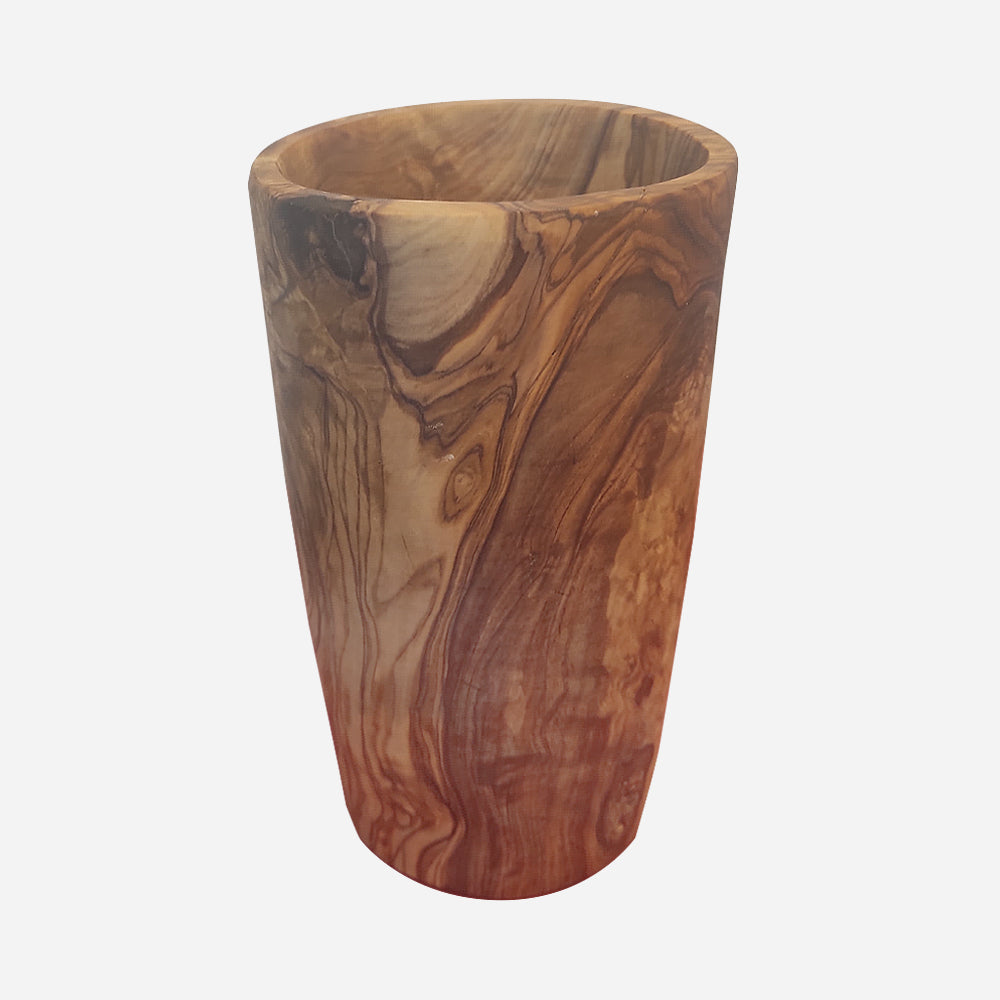 Gefäß Besteckhalter aus Olivenholz, elegant gedrechselt mit natürlichen Maserungen, perfekt für die stilvolle Küchenorganisation.