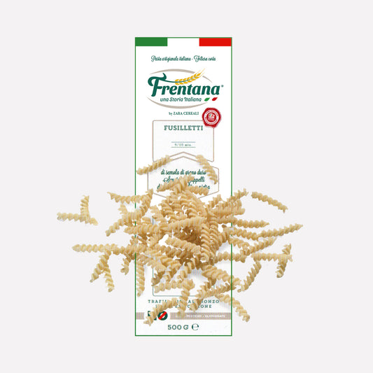 Pasta aus Urgetreide, Fusilletti, 500g Packung mit italienischen Farben, zeigt spiralförmige Fusilli-Nudeln.