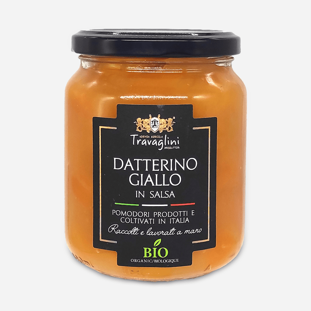Bio-zertifiziertes Glas mit gelber Tomatensauce "Datterino Giallo in Salsa", schwarzes Etikett, goldene und weiße Schrift.