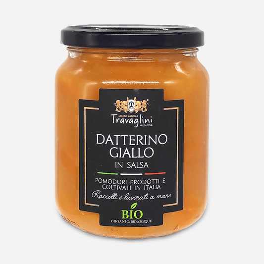 Bio-zertifiziertes Glas mit gelber Tomatensauce "Datterino Giallo in Salsa", schwarzes Etikett, goldene und weiße Schrift.