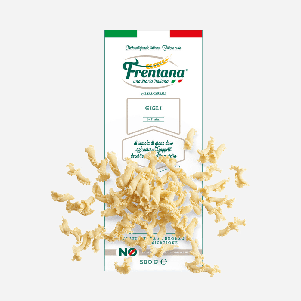Attraktive Verpackung von Frentana Pasta aus Urgetreide, Gigli, 500g. Traditionelles italienisches Design, dekorative Gigli-Pasta.