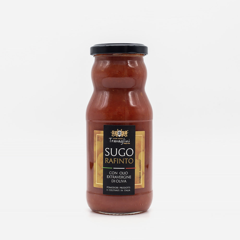 Glasgefäß mit Tomatensoße Rafinto, gefüllt mit klassischer Tomatensoße und Gemüse, 350g, beschriftet mit der Marke Travaglini.