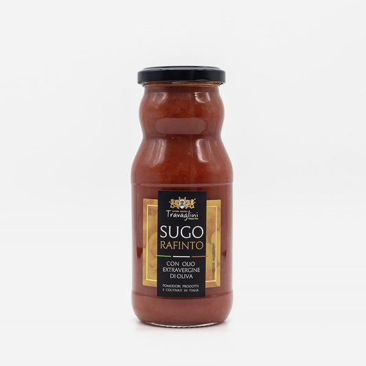 Glasgefäß mit Tomatensoße Rafinto, gefüllt mit klassischer Tomatensoße und Gemüse, 350g, beschriftet mit der Marke Travaglini.