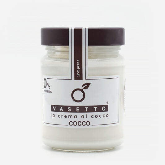 Ein Glas Vasetto Kokos 0% Zucker-Kokosnusscreme in schlichtem Design mit braunem Deckel und minimalistischer weißer Beschriftung.