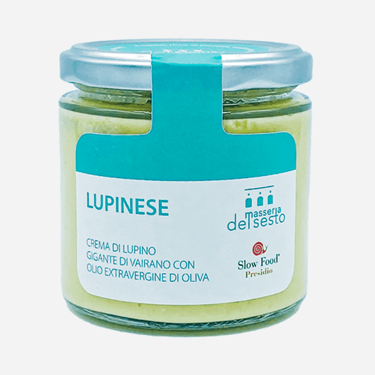 Ein Glas Lupinese-Creme, 180g, mit Metalldeckel, türkisfarbenem Etikett, Markenlogo und Produktdetails auf weißem Hintergrund.